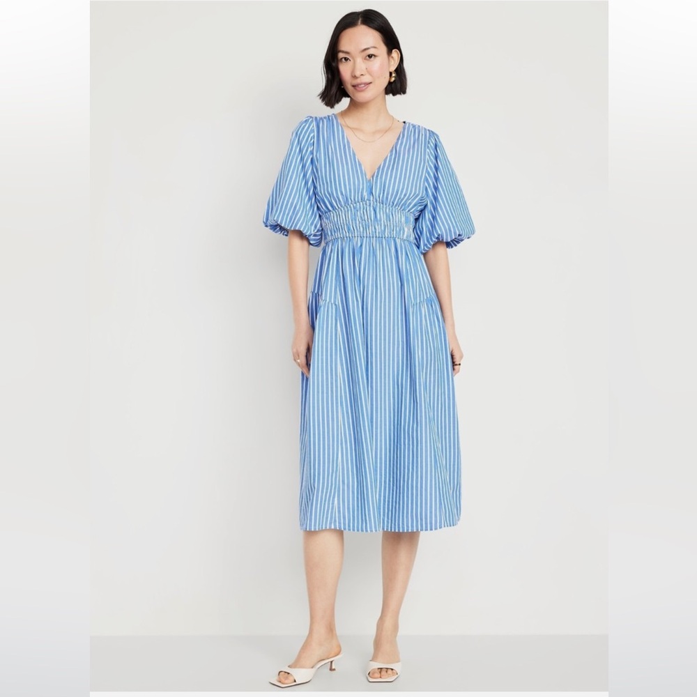 NWT Blue & White Striped Waist-Defined Puff-Sleeve Midi Dress